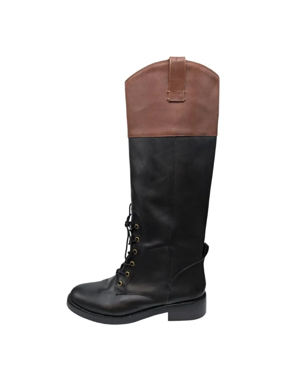 J.CREW Leather Riding Boots Womens Black Brown Lace Up Knee High BD425 Size 8
